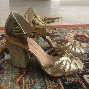 Anthropologie RaphaellaBooz Gold Block Heel Sandal